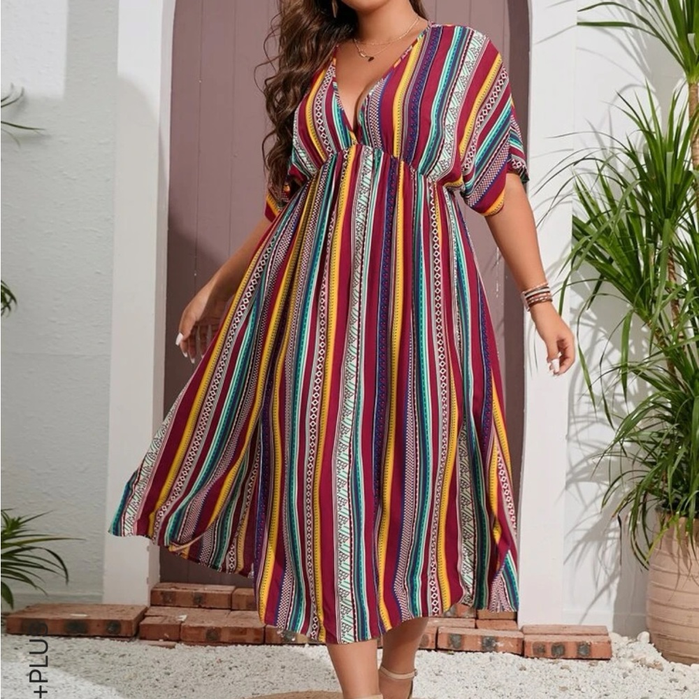 SHEIN striped and geo print batwing sleeve dress